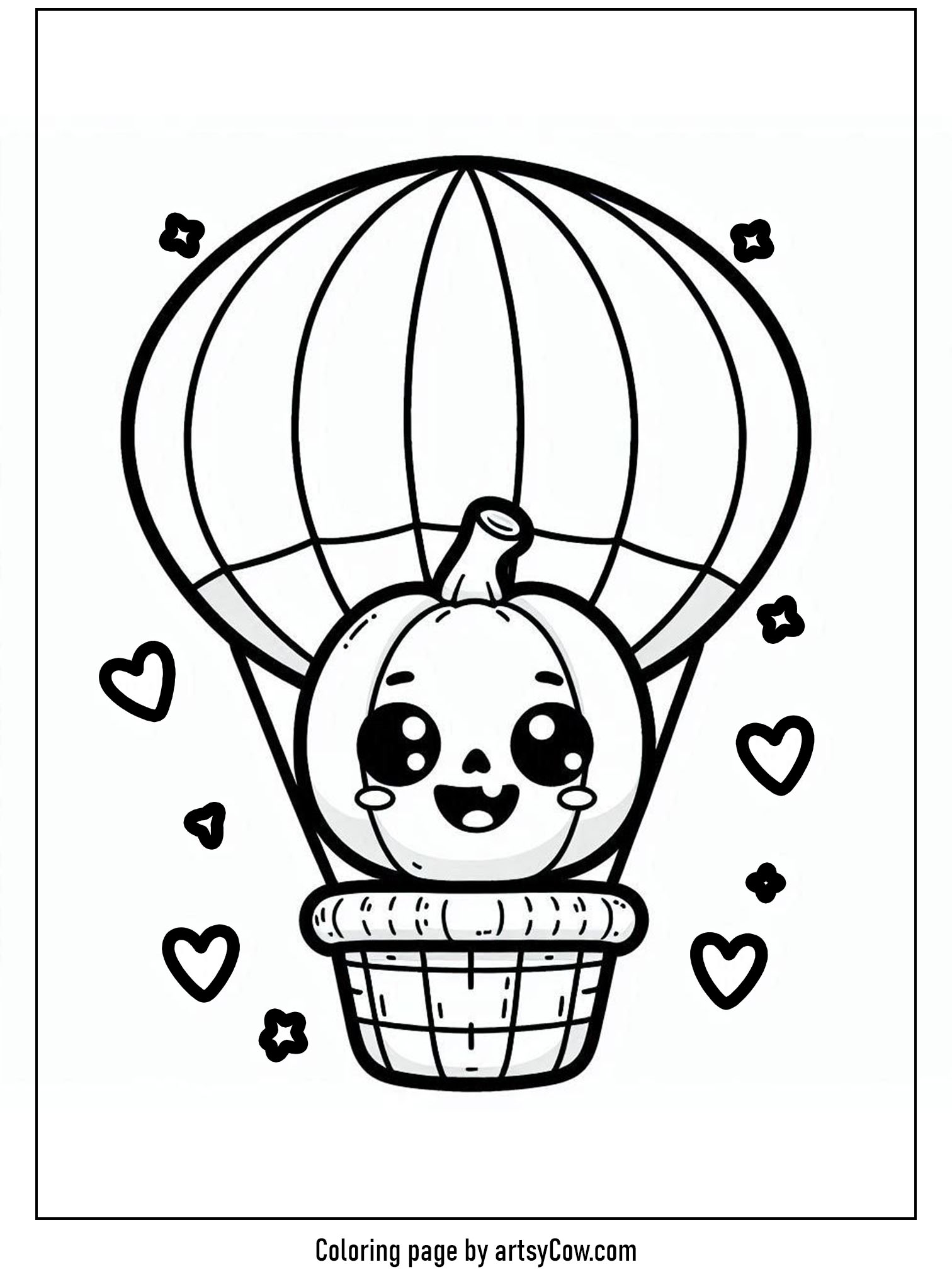 halloween coloring pages with jack-o-lantern-jack-o-lantern with a hot air balloon ready to soar through the sky with a cute expression and surrounded by tiny hearts.